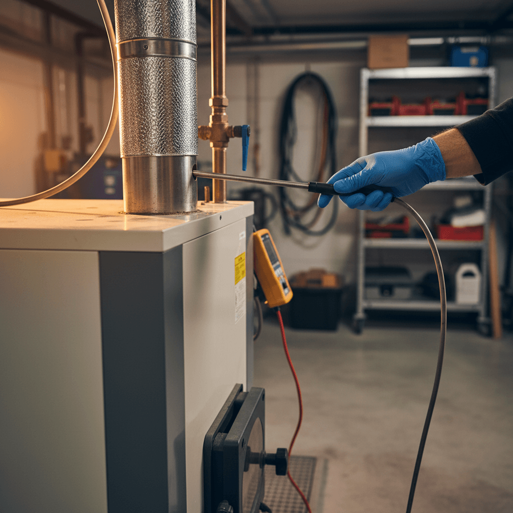 Technician performing flue gas analysis on an oil boiler