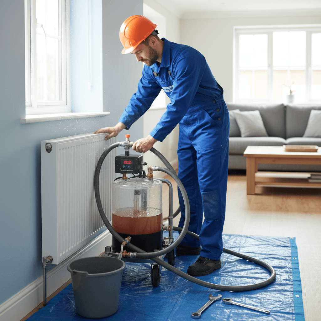 Professional heating engineer using power flushing machine on radiator in residential home