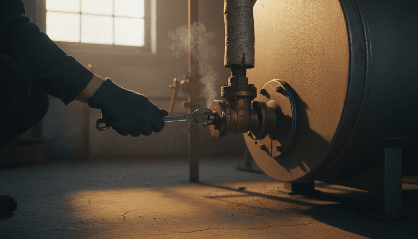 Hand adjusting a valve on an oil boiler in a basement