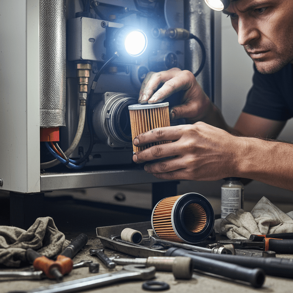 Hands replacing oil filter on an oil boiler
