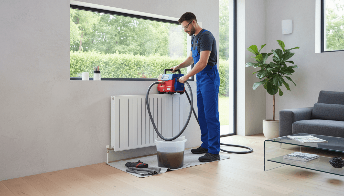 plumber using power flushing machine on radiator in modern home living room