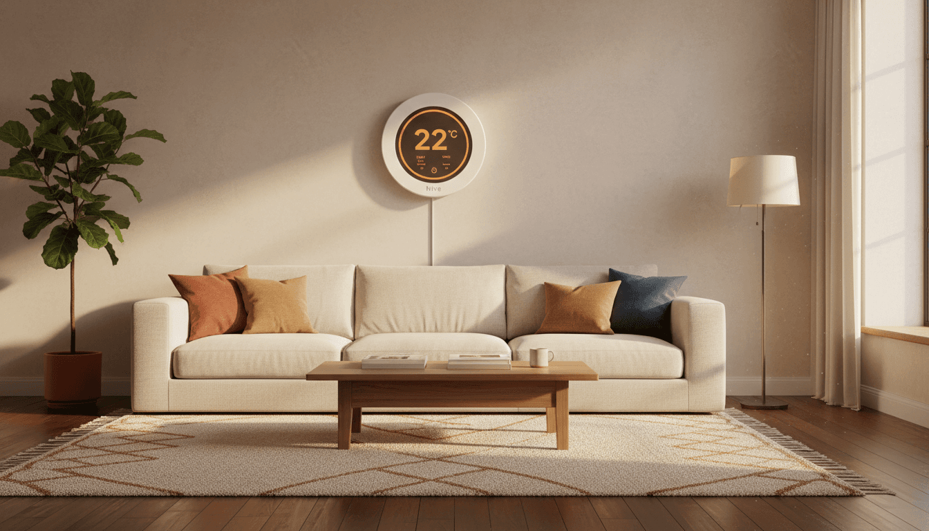Hive thermostat mounted on a living room wall