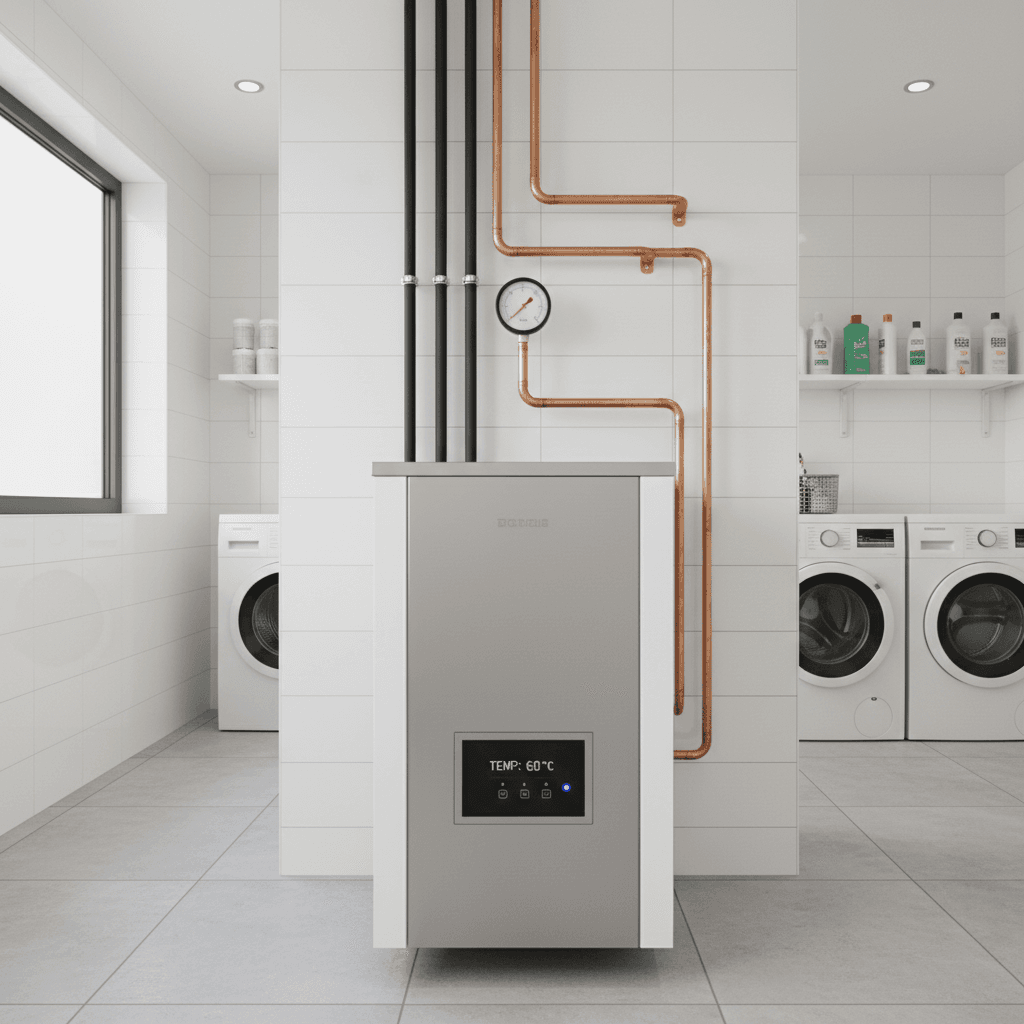 Modern oil boiler in clean utility room with visible pipework and pressure gauge