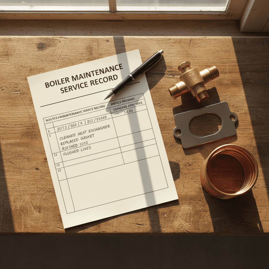 Completed service record sheet on a workbench