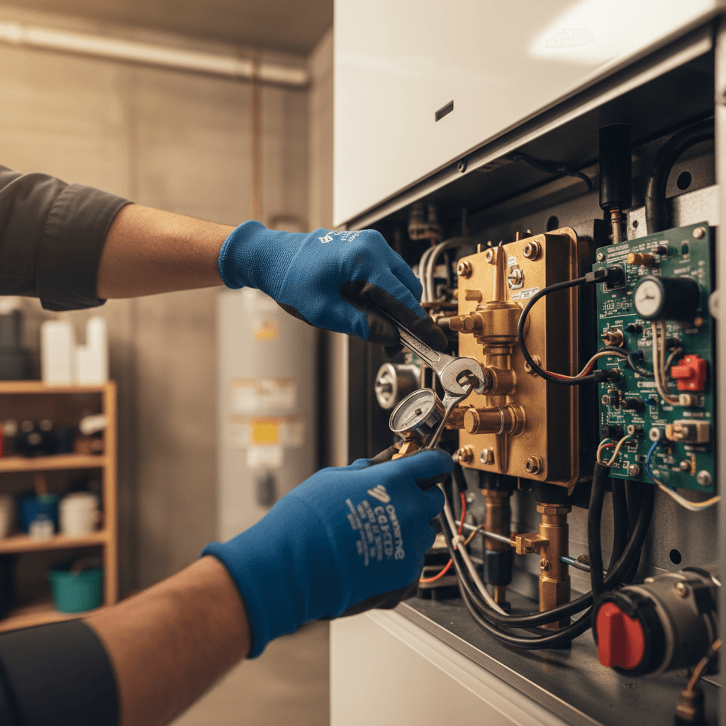 Close-up of a hand holding a wrench near an oil boiler