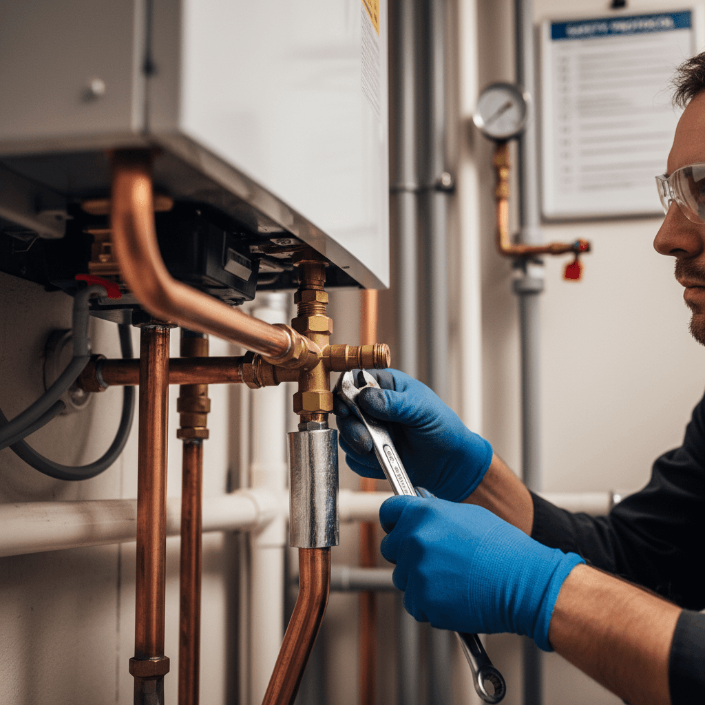 Certified technician's hands installing modern boiler, connecting copper piping with precision in utility room