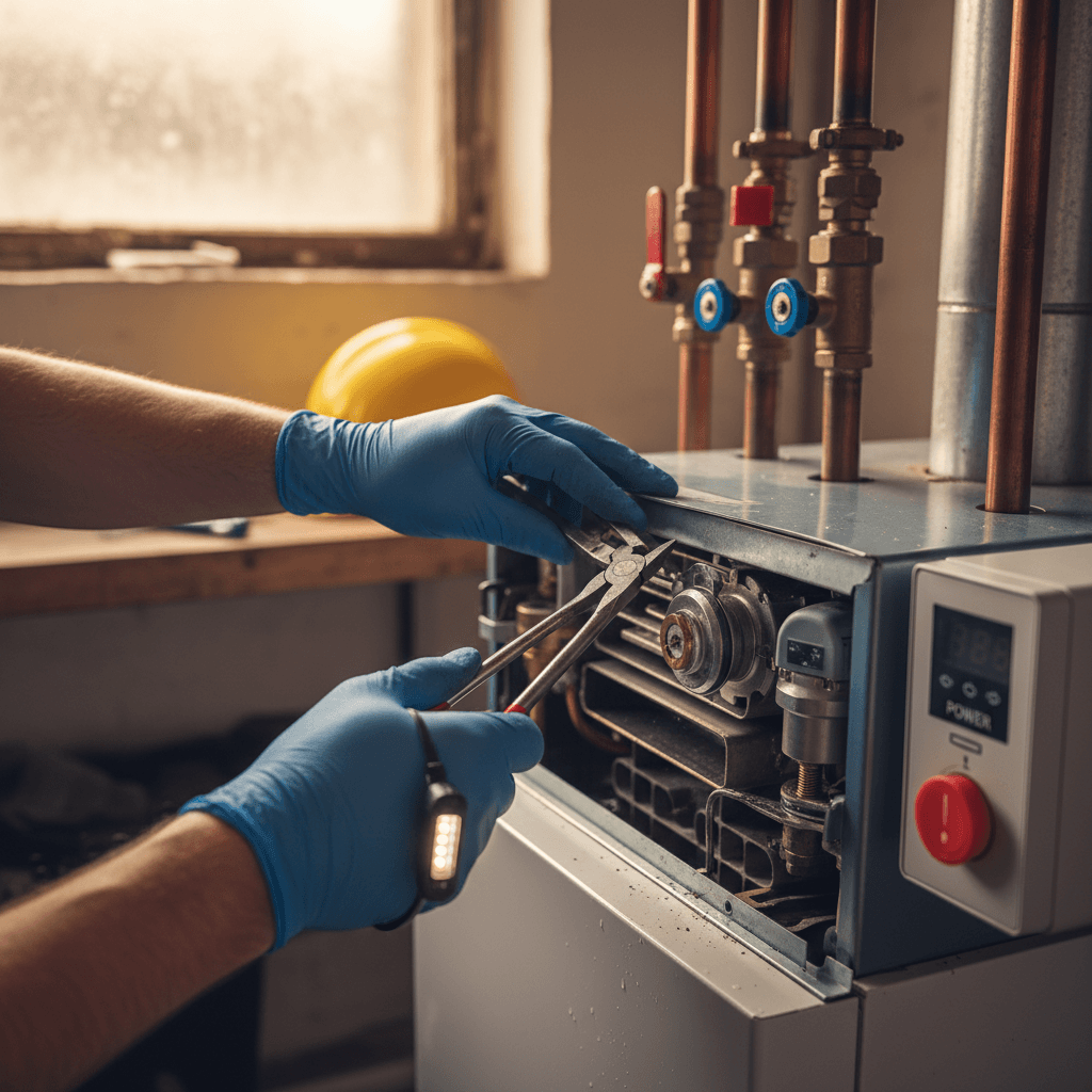 Technician's hands inspecting internal components of residential gas boiler with specialized tools in basement setting