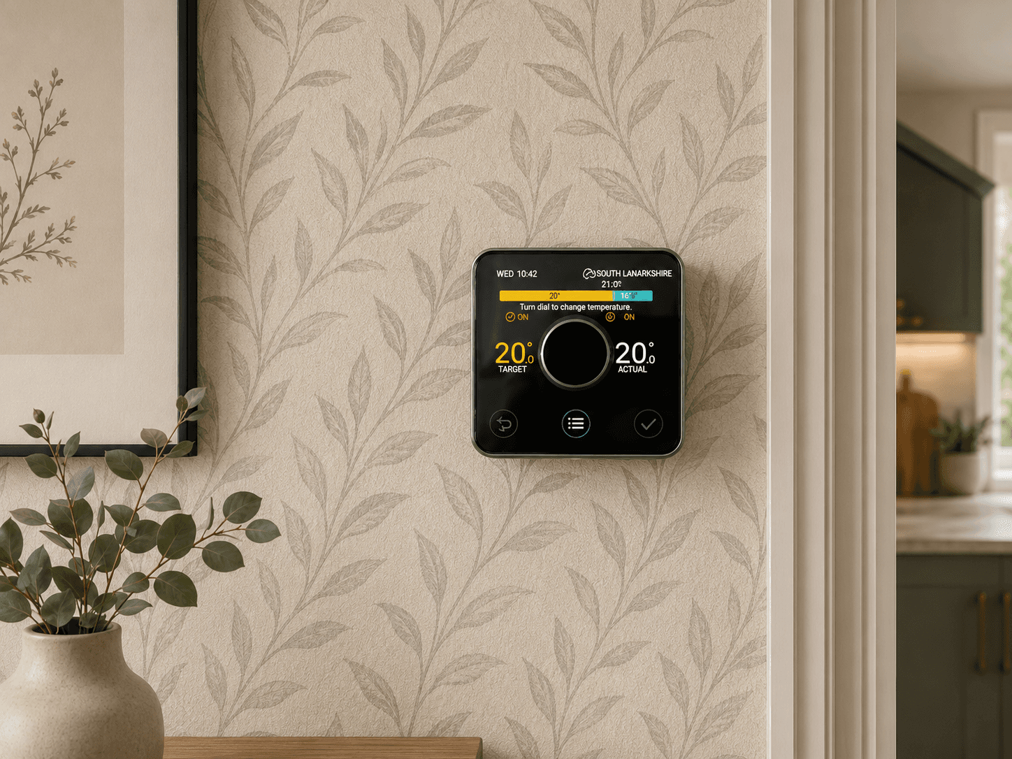Modern smart thermostat on leaf-patterned wallpaper beside a framed print and a small plant.