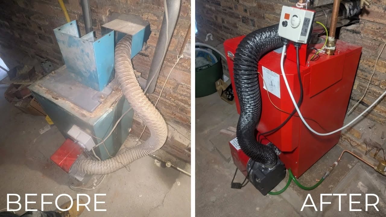 Side-by-side comparison of an old, dusty blue boiler and a new, clean red boiler.