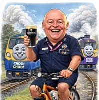 Caricature of a smiling uniformed man cycling with a Guinness, flanked by cartoon trains.