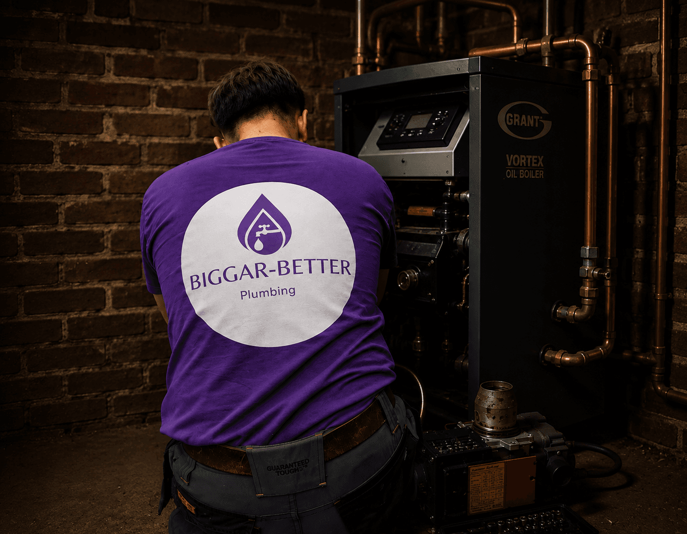 Plumber in a purple Biggar-Better shirt services a Grant Vortex oil boiler against brick.