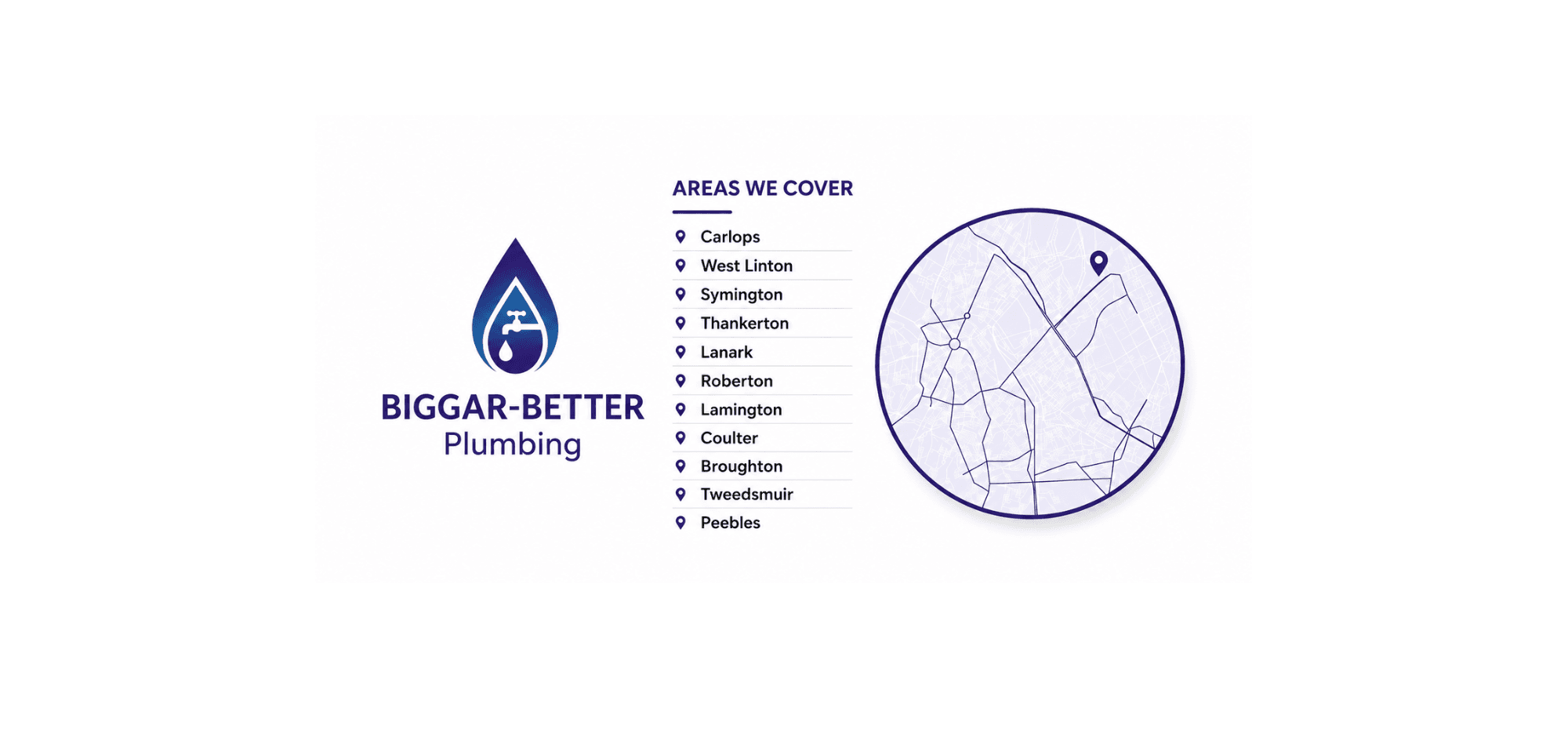Biggar-Better Plumbing logo with a list of service areas and a circular map graphic.