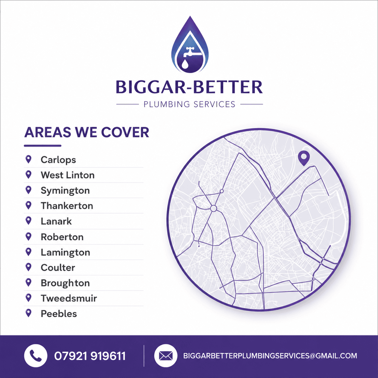 Biggar-Better Plumbing Services advertisement listing covered areas, contact details, and a circular map graphic.